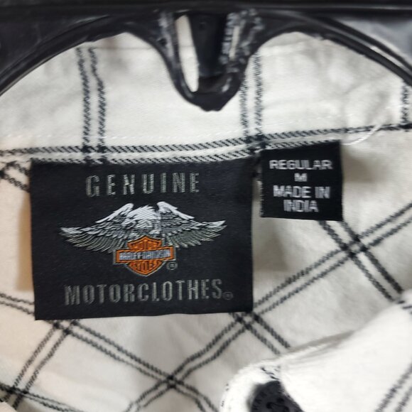 Vintage Harley Davidson Embroidered Lng Slv Collared Button Up Blk Wht Plaid M - Picture 5 of 13